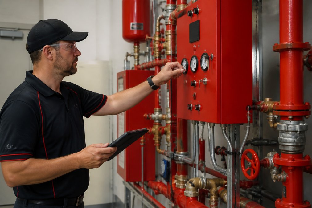 Technician performing annual inspection on fire suppression control panel and pressure gauges in commercial property, checking valve positions and system indicators
