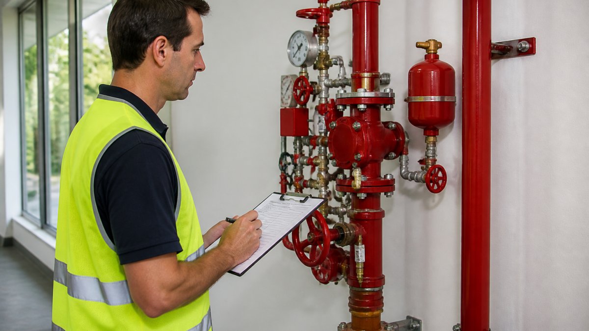 A facilities technician in a high-vis vest checking a wall-mounted sprinkler control valve assembly in a commercial corridor, clipboard in hand, natural daylight from a window