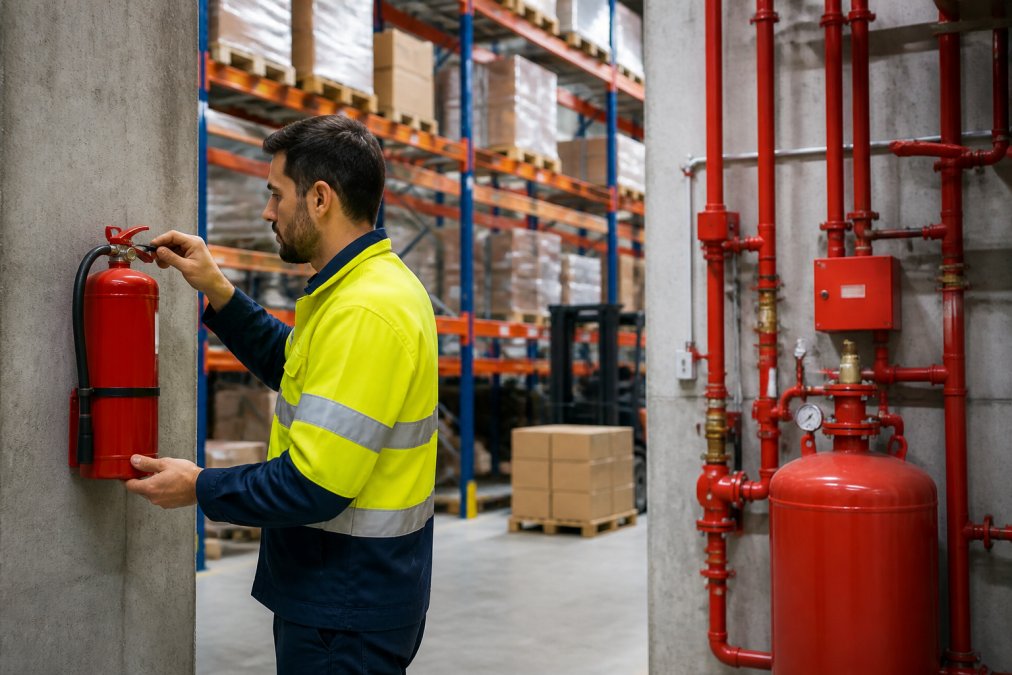 Warehouse worker inspecting a portable extinguisher near fire suppression systems equipment