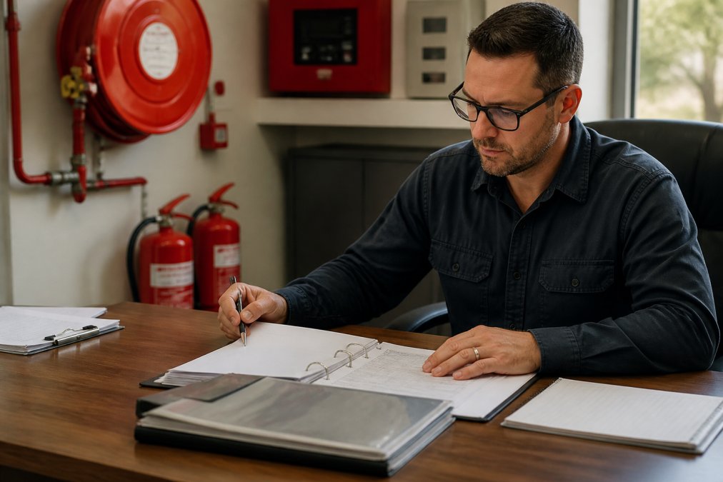 Facilities manager reviewing maintenance records and backup plans at a desk with fire safety equipment visible in the background, natural office lighting