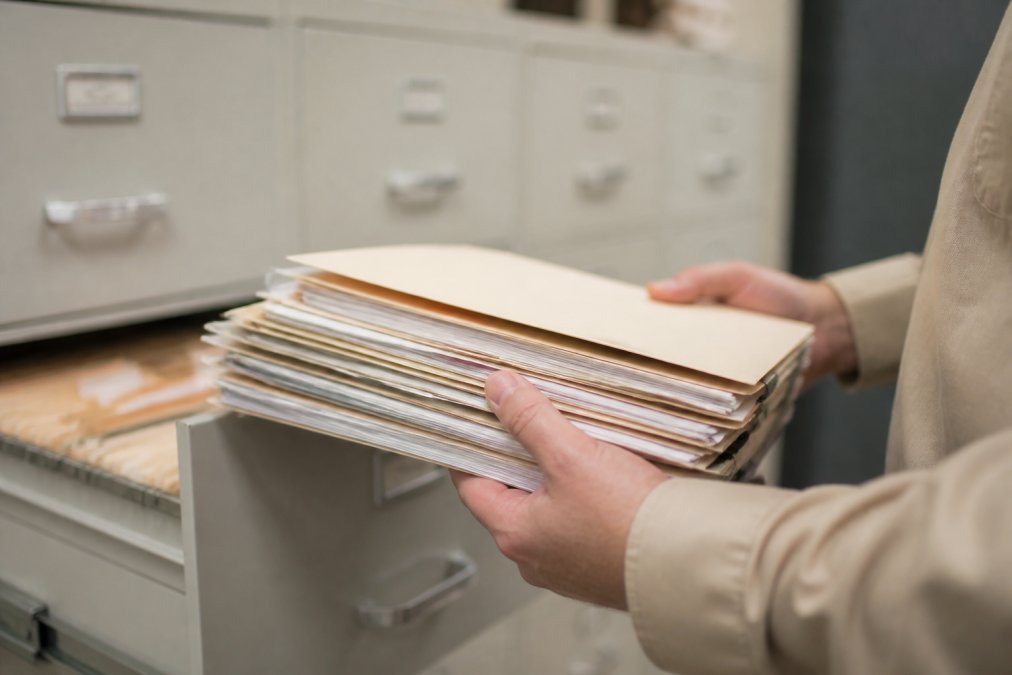 Close-up of hands holding a digital tablet displaying maintenance logs and compliance documentation, with filing cabinets in soft focus behind