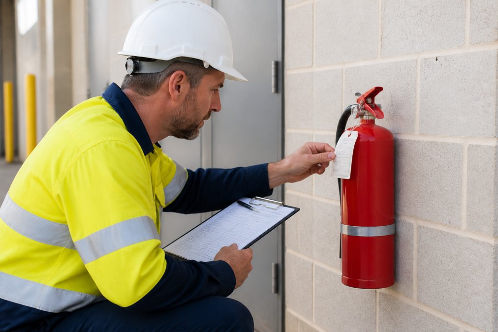 Professional fire safety technician in high-visibility safety clothing and hard hat inspecting fire extinguisher equipment mounted on a commercial building wall, holding clipboard and checking inspection tag details