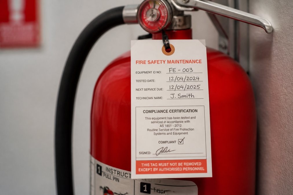 Close-up photograph of a fire safety inspection tag attached to a red fire extinguisher, showing testing date, next service date, technician name, and compliance certification details on white label
