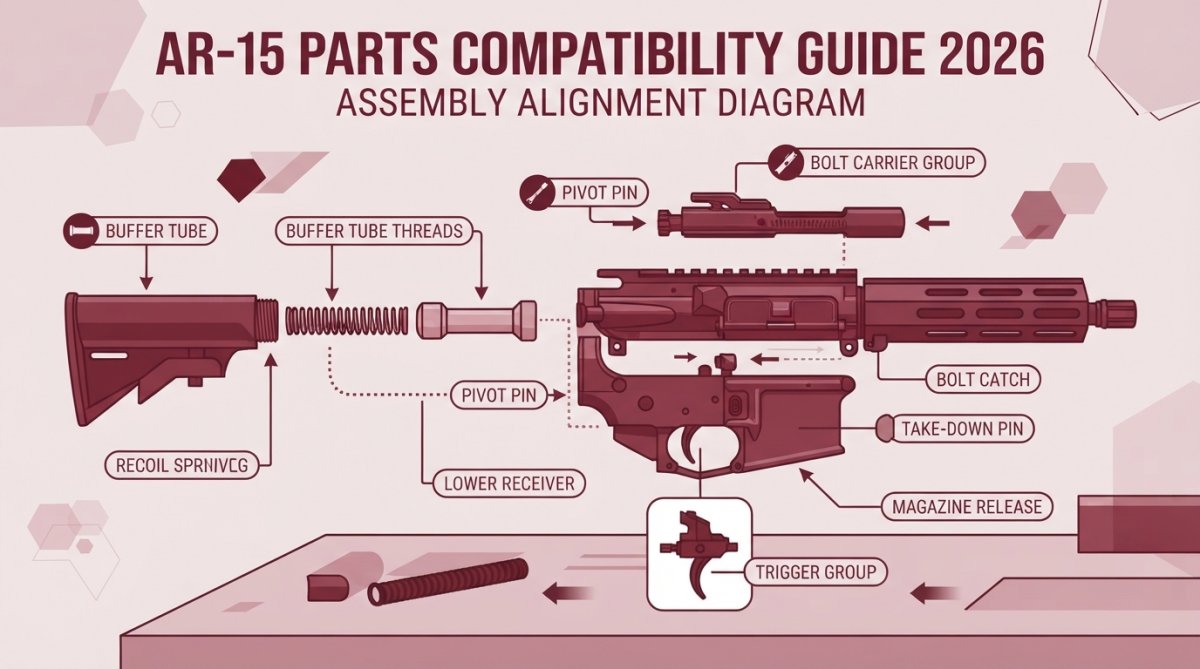 Close-up of AR-15 upper and lower receivers being assembled on a workbench, showing bolt carrier group and buffer tube components laid out with proper alignment
