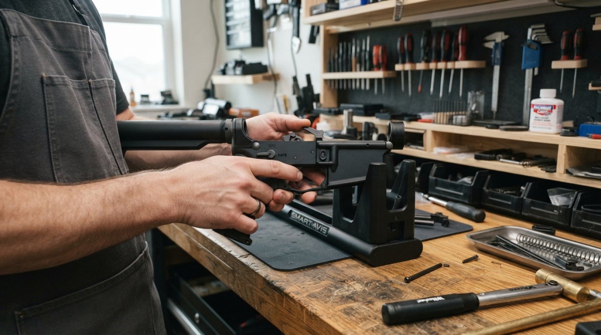 Hands performing a function check on a custom-built firearm, demonstrating proper trigger group and safety lever operation during assembly verification