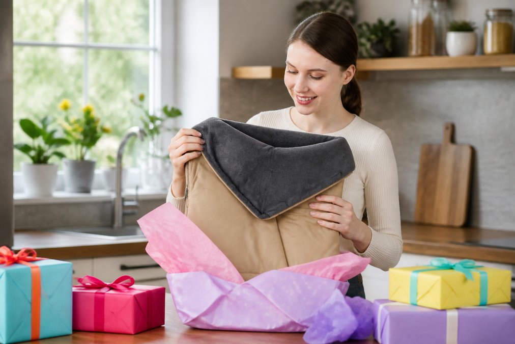 Person carefully unwrapping a beautifully packaged gift with delighted expression, surrounded by colourful tissue paper and gift boxes on a bright kitchen table with natural window light