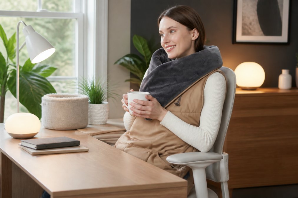 Cosy home workspace with heated blanket draped over chair, warm ambient lighting, comfort products arranged on desk, person relaxing in ergonomic setup with natural window light