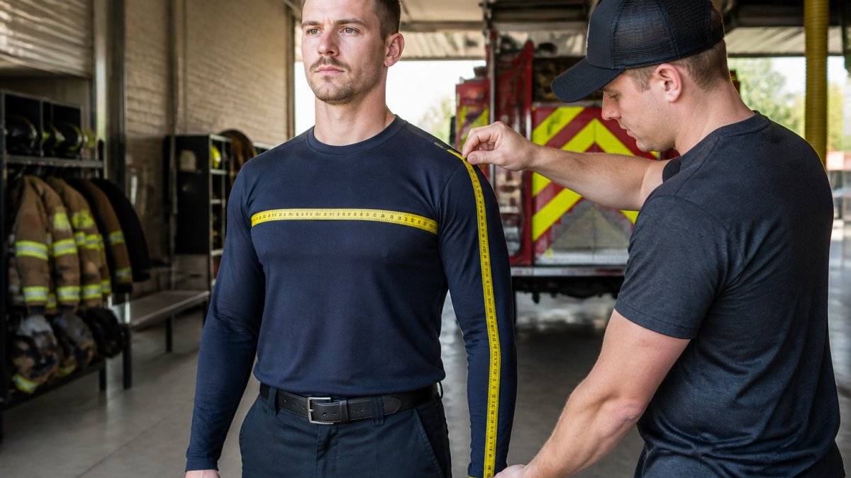 Firefighter in neutral standing position wearing fitted apparel with measuring tape positioned at chest, shoulder, and sleeve points, demonstrating proper measurement technique in bright firehouse setting