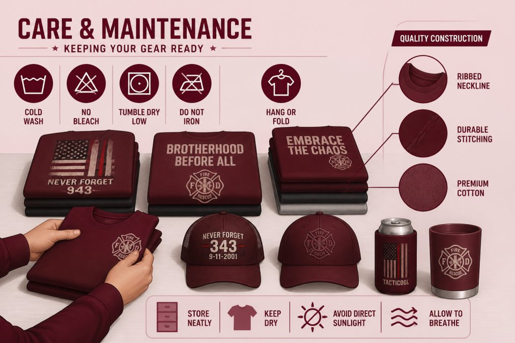 Hands carefully folding and organizing premium firefighter apparel showing quality construction details and fabric texture, with multiple tees and hats neatly arranged on neutral surface