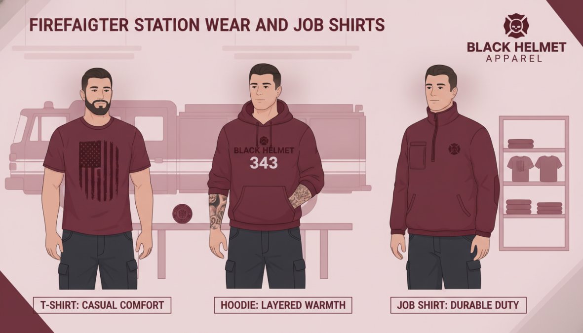 Firefighters wearing premium station wear t-shirts and hoodies during downtime in a firehouse kitchen, natural light from windows, relaxed posture showing comfort and camaraderie