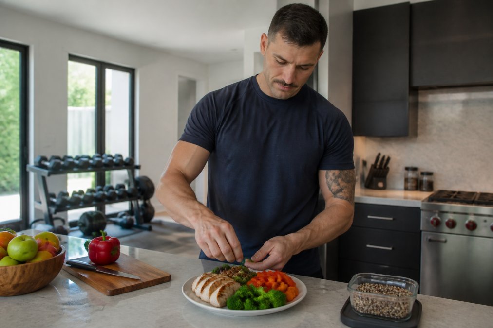 Active-duty firefighter in athletic wear preparing a colorful plate of fresh vegetables and lean protein in a modern kitchen, with dumbbells visible in the background, representing physical activity and nutrition for cancer prevention
