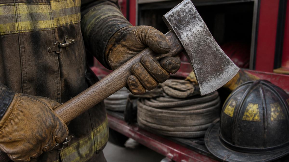 A close-up photograph of a firefighter's gloved hands gripping a well-worn fire axe, with a weathered helmet and coiled rope visible in the background on a fire truck