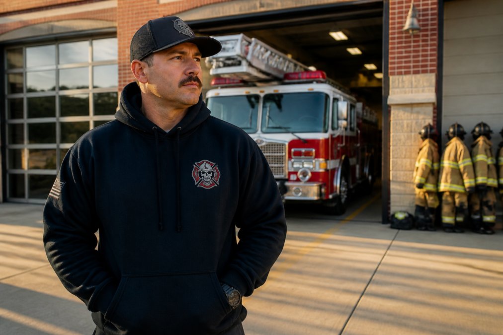 A firefighter wearing a personalized Black Helmet hoodie and custom embroidered apparel standing in front of a fire station with ladder truck and equipment visible in the background, morning light casting long shadows