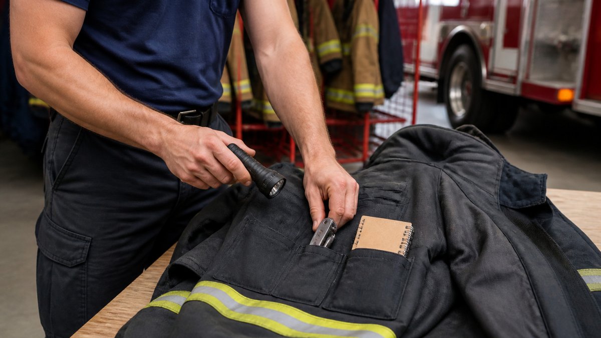 Firefighter organizing a flashlight, folding knife, and notebook into pockets of a duty jacket in a fire station