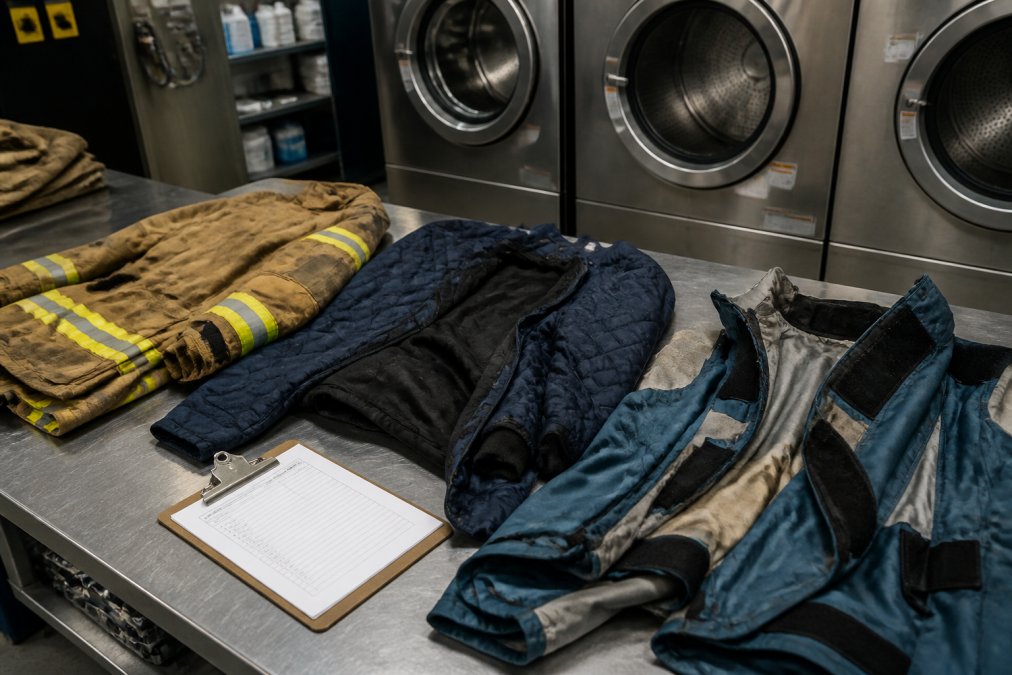 Firefighter gear components laid out on a washing table in station laundry room showing separated outer shell, thermal liner, and moisture barrier with inspection checklist visible