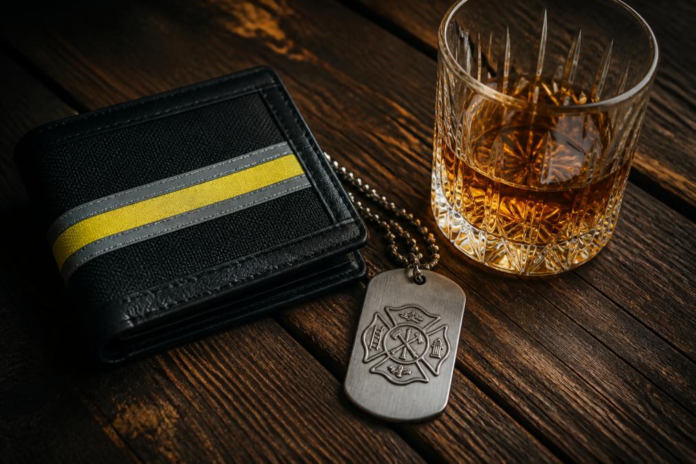 Flat lay on a dark wood table showing a black bunker gear bifold wallet, a brushed steel dog tag with a maltese cross, and an engraved rocks glass filled with whiskey, lit by warm side light