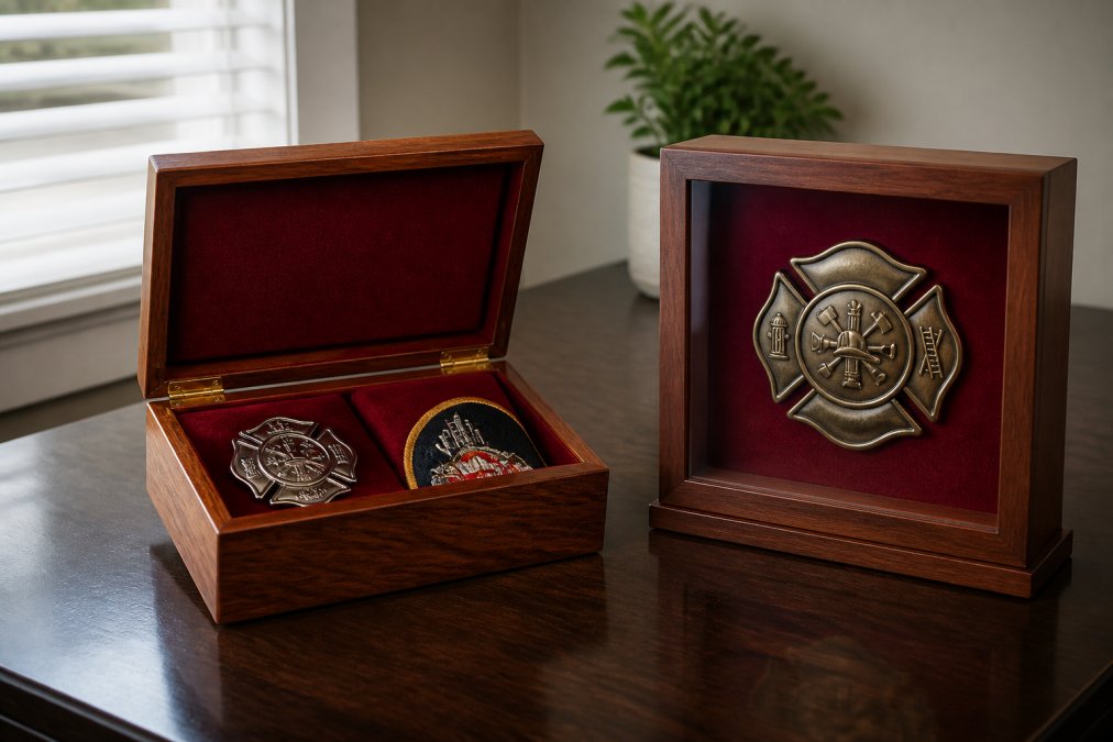 A solid wood firefighter keepsake box with a hinged lid open, revealing red velvet lining inside with a polished badge and folded embroidered patch resting on the interior, photographed on a dark walnut desk with soft natural window light from the left