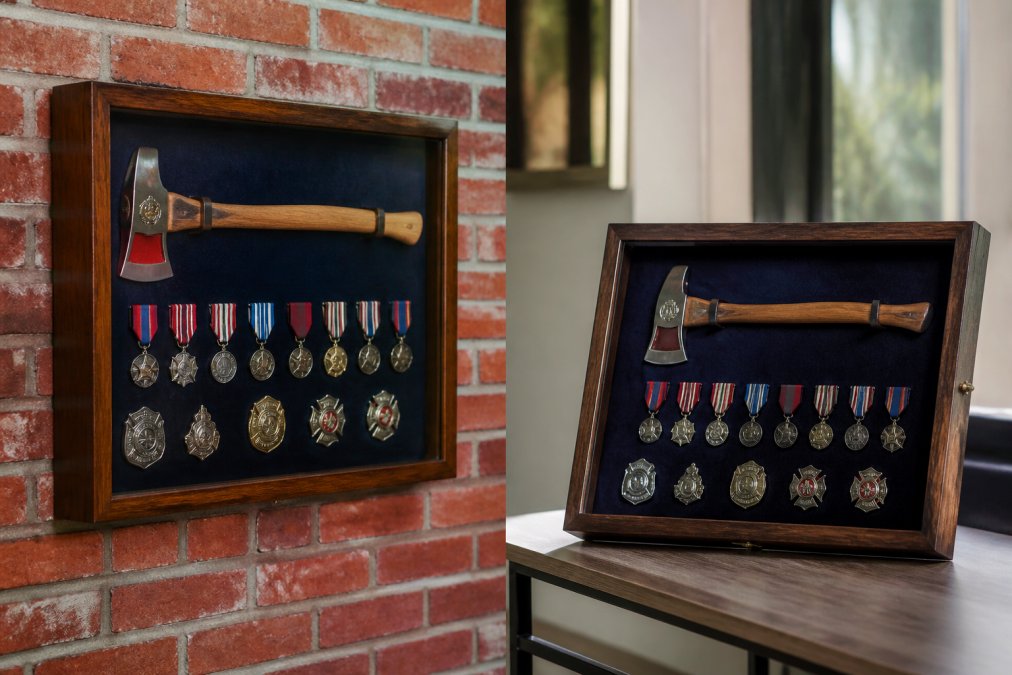 A wall-mounted wooden display case with a glass front panel hung on a red brick wall, showing a firefighter axe, service medals, and polished badges arranged on a dark navy velvet background, photographed under warm interior lighting