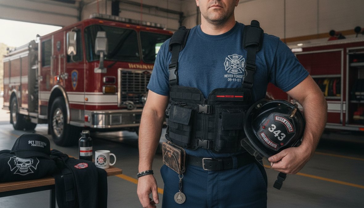 Firefighter wearing premium Black Helmet branded navy t-shirt and charcoal hoodie, standing confidently in front of fire truck in station bay with morning light streaming through open bay doors
