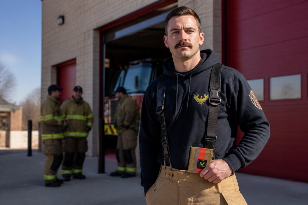 Firefighter standing confidently in station wear including Black Helmet hoodie and custom embroidered apparel, positioned in front of fire station with crew members visible in background during daytime, natural outdoor lighting