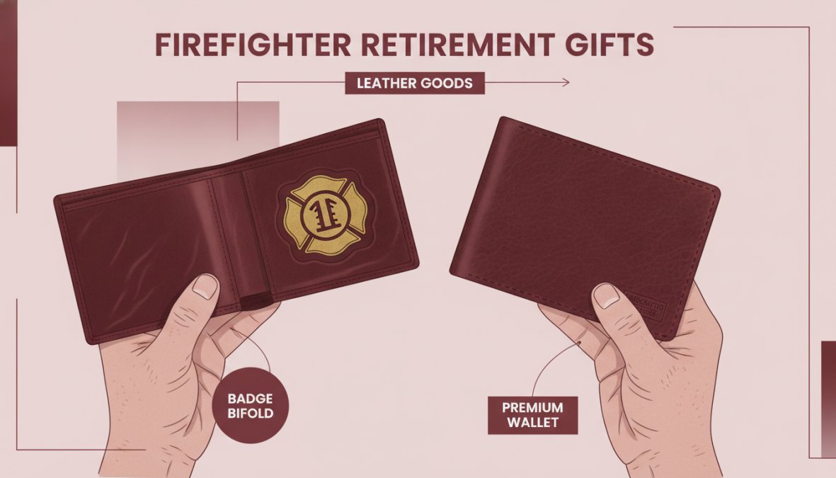 Retired firefighter holding a handcrafted leather wallet and badge bifold, showing the worn texture and quality craftsmanship in natural sunlight on a wooden table