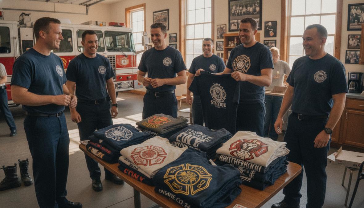 Firefighters wearing custom Black Helmet station shirts and hoodies in a firehouse setting, displaying brotherhood and pride in their apparel, natural lighting from station bay doors