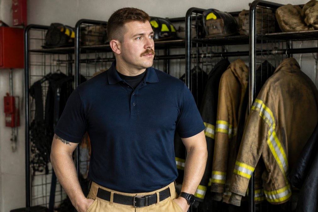 Firefighter wearing a well-fitted firefighter uniform polo while standing in a station with gear visible nearby.
