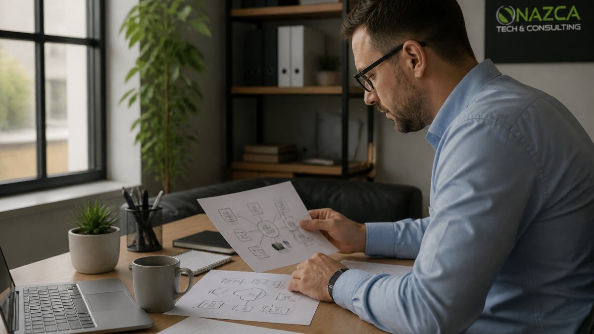 IT manager sitting at desk reviewing security architecture documents and network diagrams on multiple monitors in modern office with natural window lighting