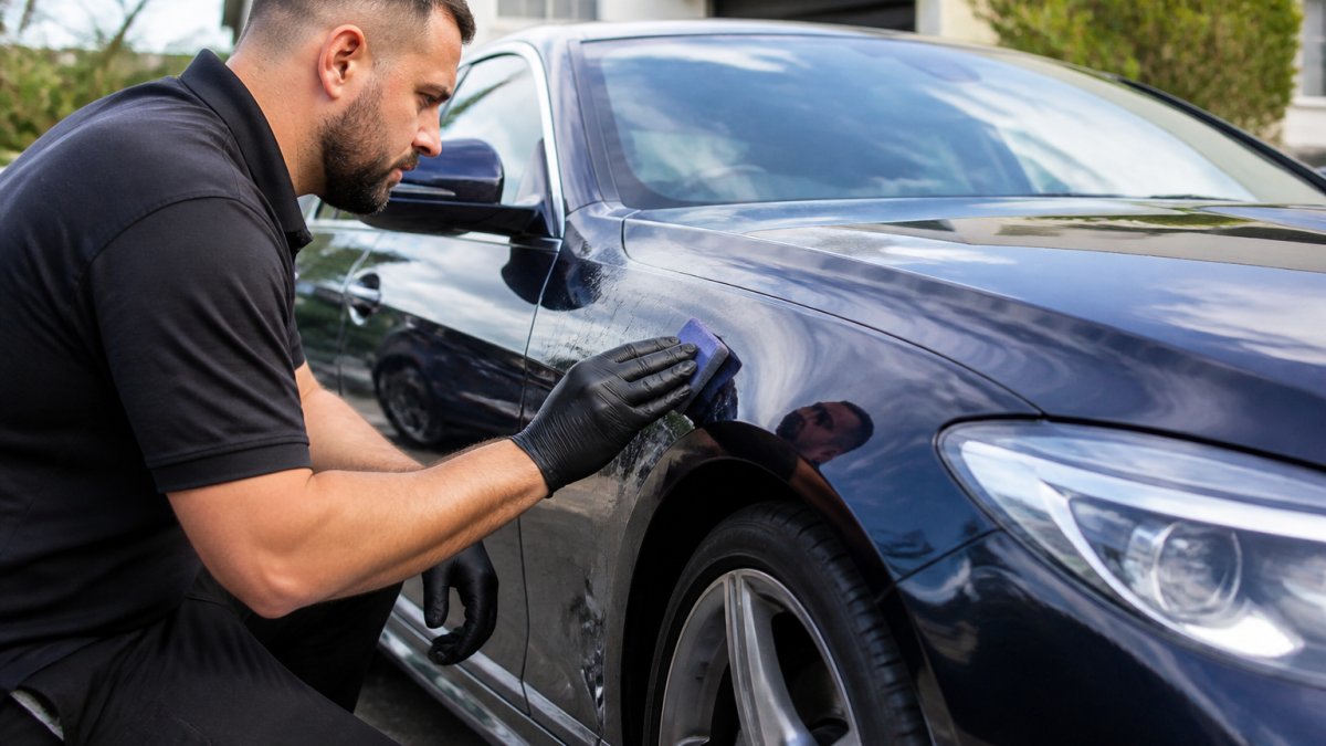 Professional detailer using a clay bar on a luxury car for firm detailing vs project detail precision.