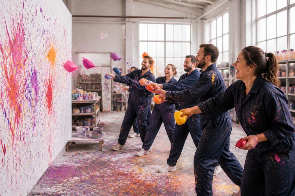 Ein Team in Arbeitskleidung wirft bunte Farbbeutel auf eine große Leinwand in einem hellen Atelierraum, Farbspritzer fliegen durch die Luft, alle lachen