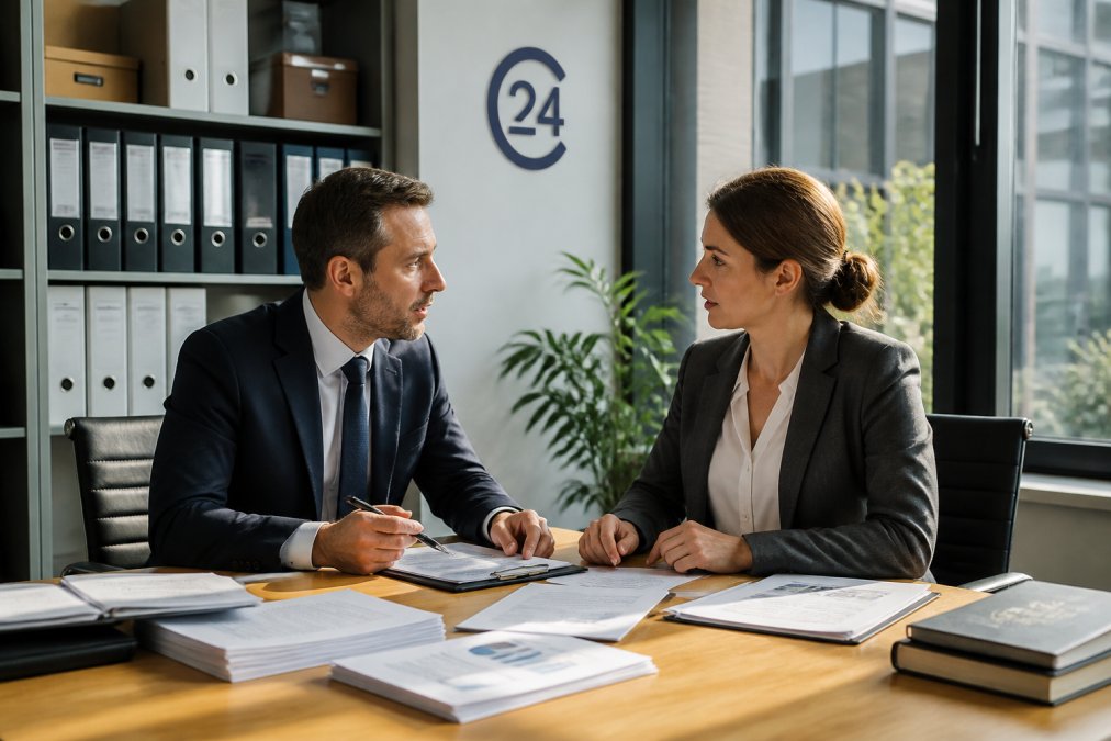 Zwei Personen im Gespräch an einem Konferenztisch mit ausgebreiteten Unternehmensunterlagen, im Hintergrund ein Aktenschrank mit Ordnern, warmes Tageslicht durch große Fenster