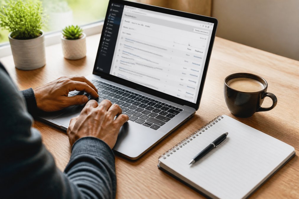 Laptop mit WordPress-Dashboard, Notizbuch und Kaffee als Basis, um eine Firmenwebsite kostengünstig zu erstellen.