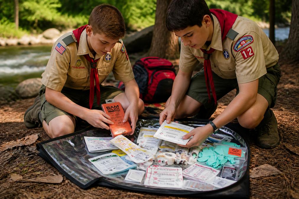 Scout troop members examining and organizing first aid supplies in a waterproof bag before a backcountry expedition, with natural daylight illuminating the organized contents