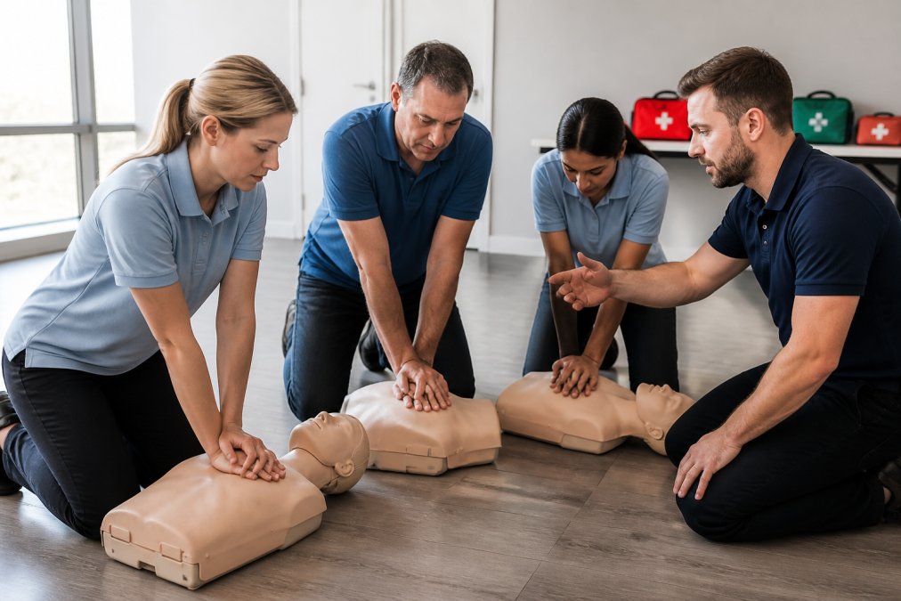 A small group of adult learners practising CPR compressions on a training manikin while an instructor kneels beside them guiding their hand placement, bright training room with first aid kits on a table