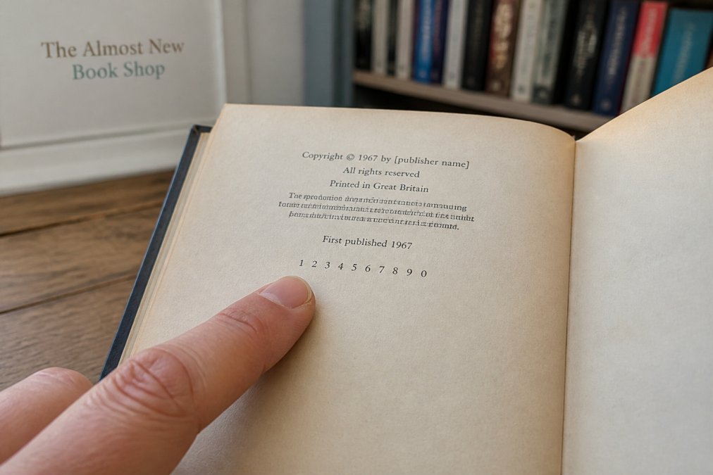 Close-up of an open hardcover book showing the copyright page with visible number line starting from 1, and a finger pointing to the first printing indicator on aged cream-coloured paper
