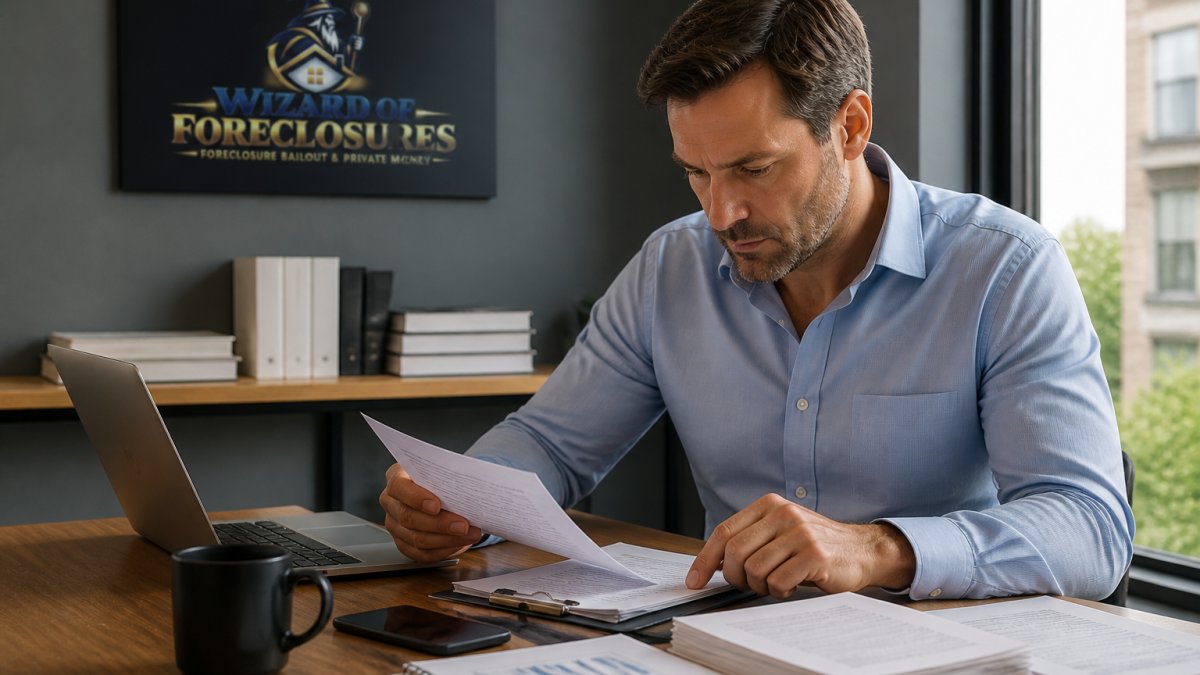 Real estate investor reviewing loan documents while considering First Financial Depot vs competitors in a modern office