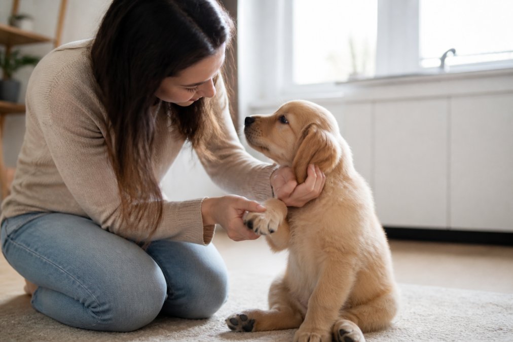 Step-by-step guide on desensitizing your puppy for their first grooming visit for puppy through gentle handling.