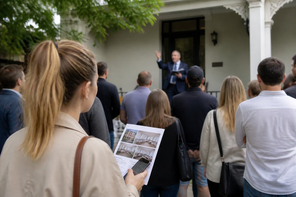 First home buyer watching a Melbourne street auction with property report, applying auction tips