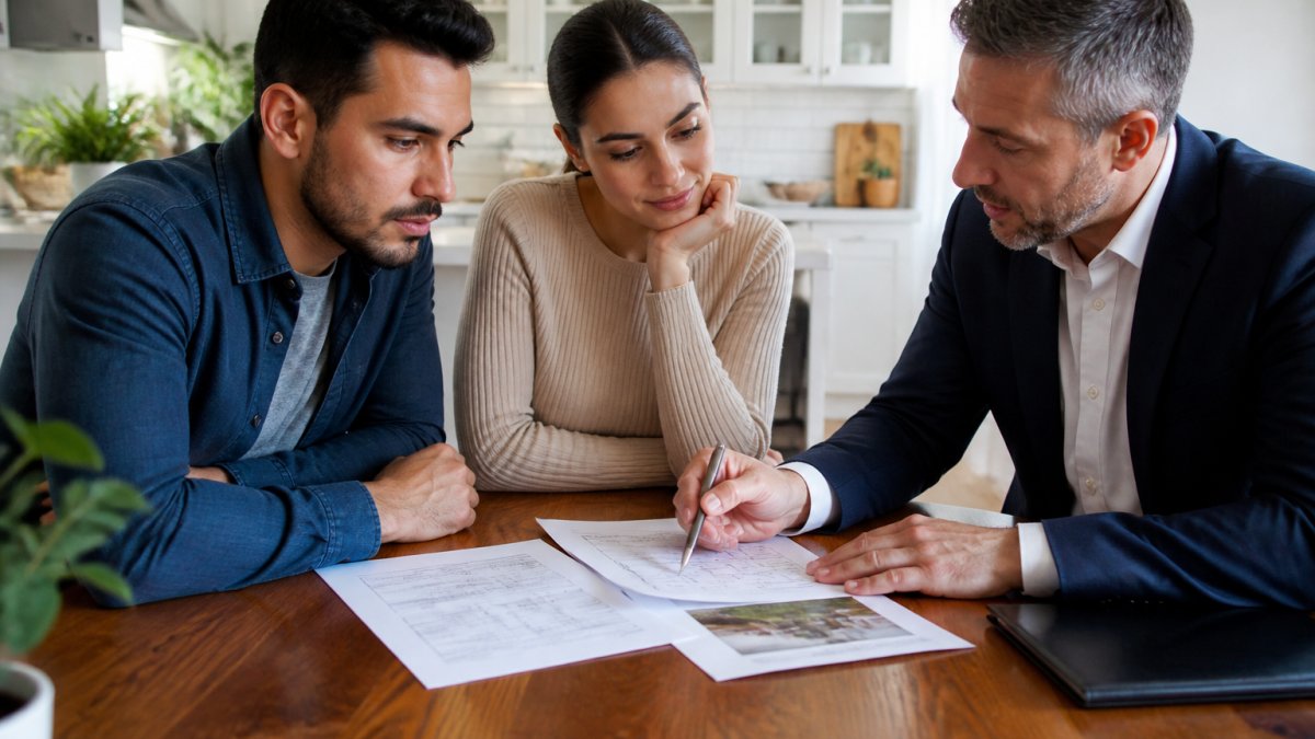 First home buyers reviewing property inspection documents at a kitchen table with a real estate agent, discussing findings with paperwork and a pen visible