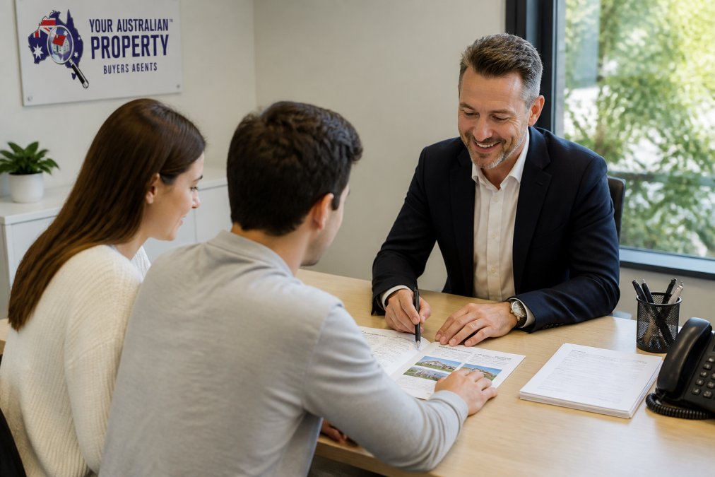 First home buyer sitting at desk with mortgage broker reviewing loan documents and property listings on laptop in modern office with natural light