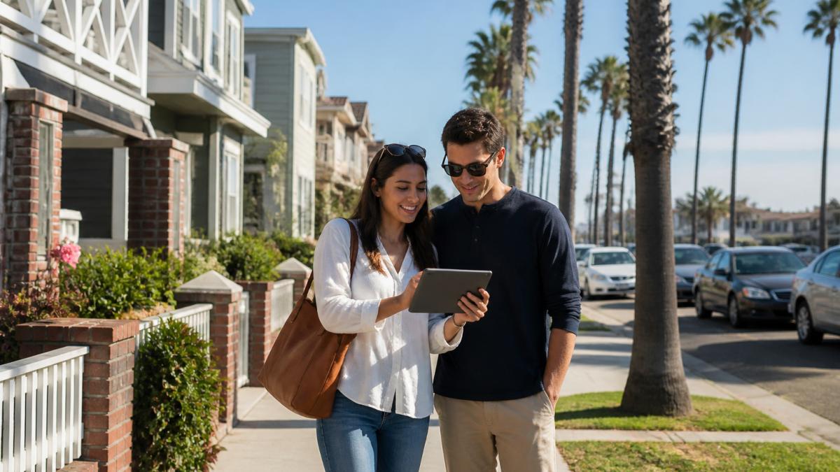 Young couple walking through a South Bay neighborhood street lined with beachside homes and palm trees, reviewing property listings on a tablet in morning sunlight