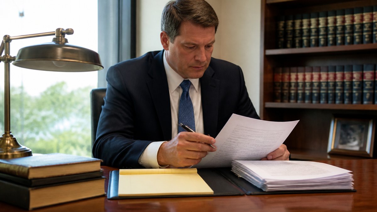 Attorney reviewing legal documents for a first offense OWI case at a desk