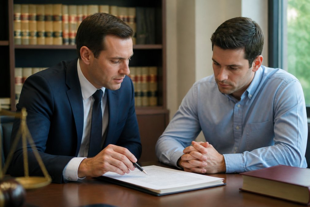 Professional criminal defense attorney and client reviewing legal documents together in modern law office with law books visible on shelves in background, natural lighting from window