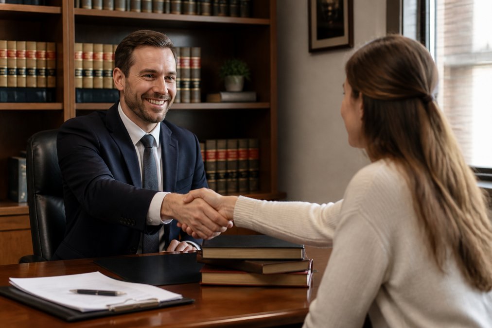 Lawyer and client shaking hands in modern law office with case files and law books visible on desk and shelves, professional setting with natural light