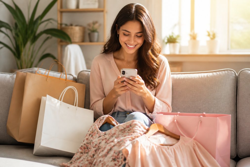 Woman holding shopping bags with trendy apparel items, smiling while reviewing her purchases on a mobile phone in bright home setting with natural sunlight streaming through windows