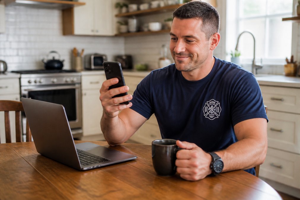 A first responder in casual clothes sitting at a kitchen table, holding a smartphone displaying a verification success screen, with a laptop and coffee mug nearby