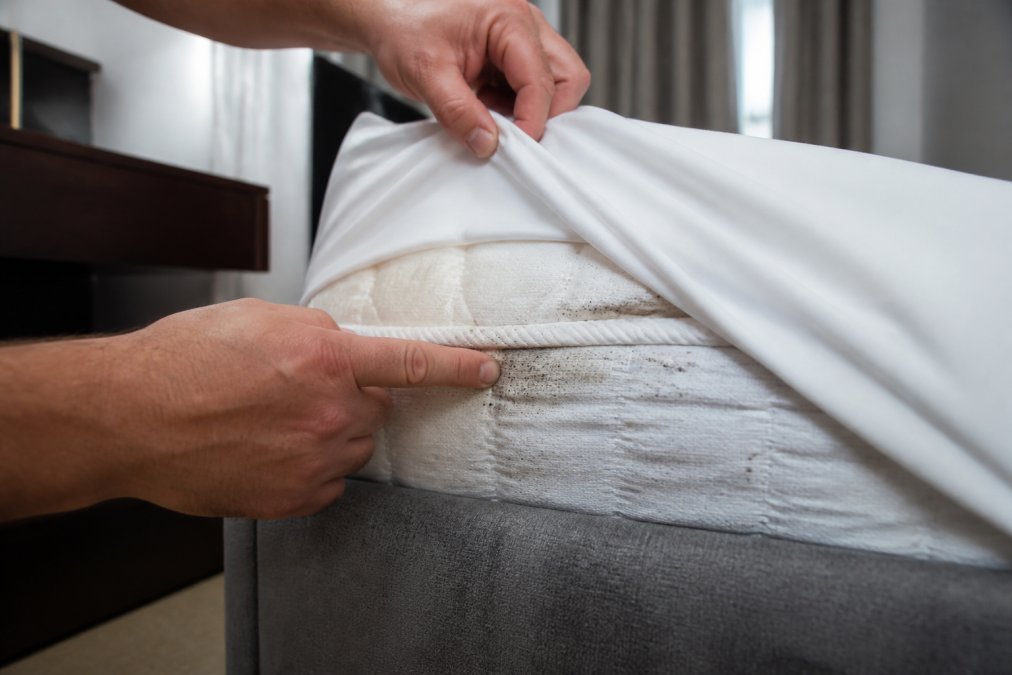 Close-up of a person's hands pulling back the corner of a mattress sheet to inspect the mattress seam in a bedroom, looking for small dark spots and insects