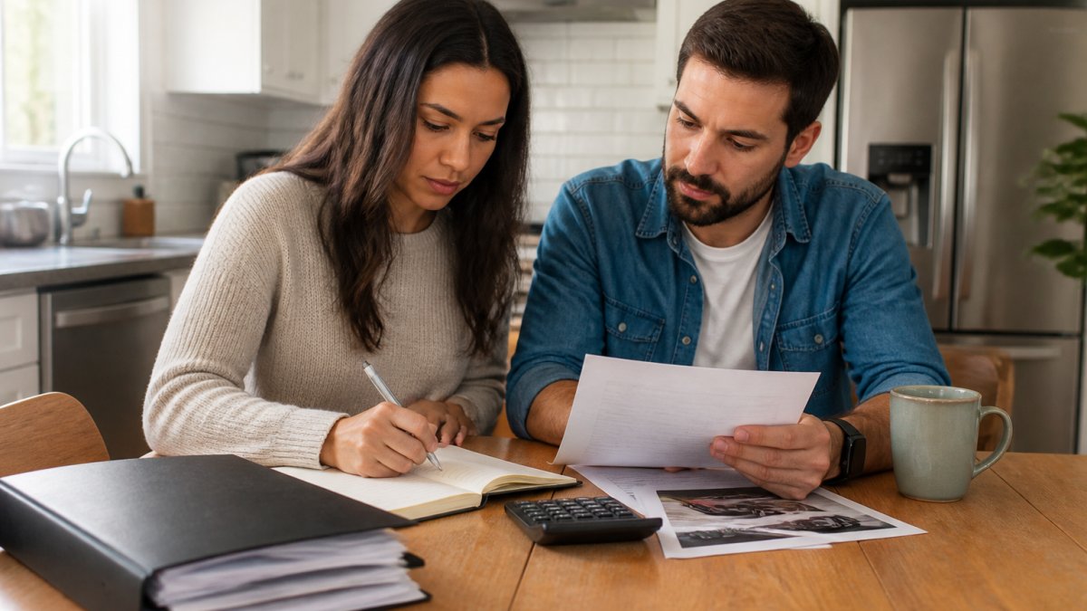 A young couple sitting at a kitchen table with a laptop, reviewing car financing options and taking notes, with a folder of documents nearby