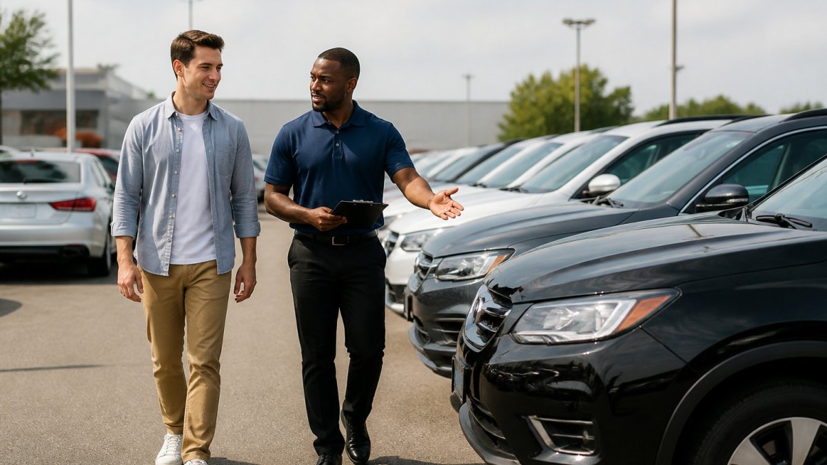 A salesperson walking with a first time car buyer past used vehicles at an Ohio dealership