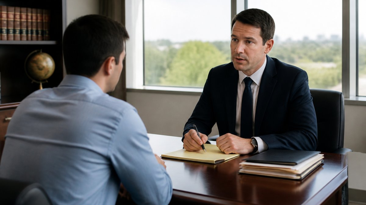 Criminal defense attorney consulting with a client regarding a first-time domestic violence charge in a law office